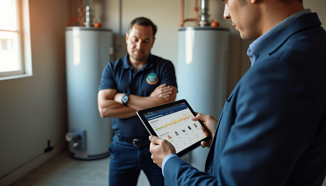 Inspector and plumber complete home plumbing inspection in Sacramento utility room