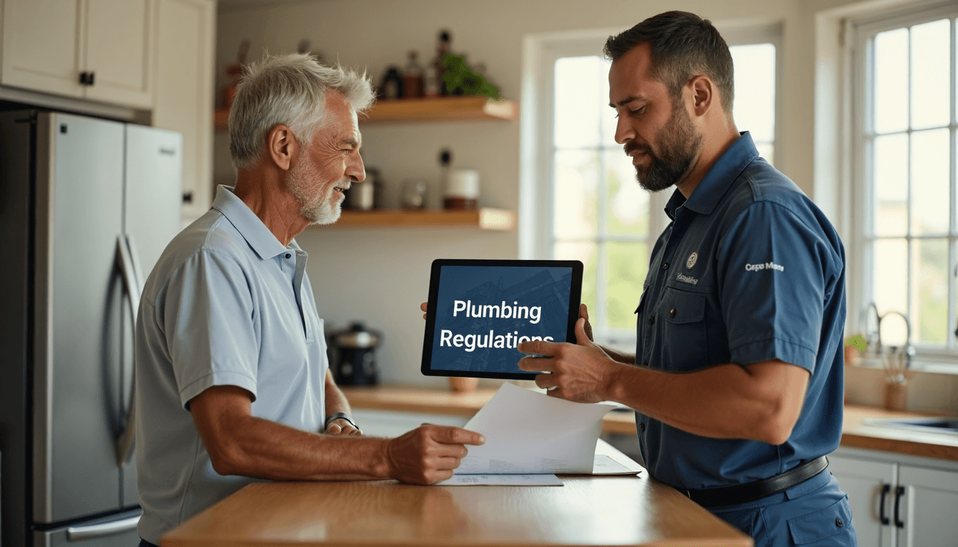 Plumber and homeowner discussing Sacramento plumbing regulations in kitchen