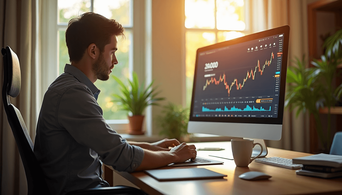 Person analyzing gold trading charts at sunlit home office desk
