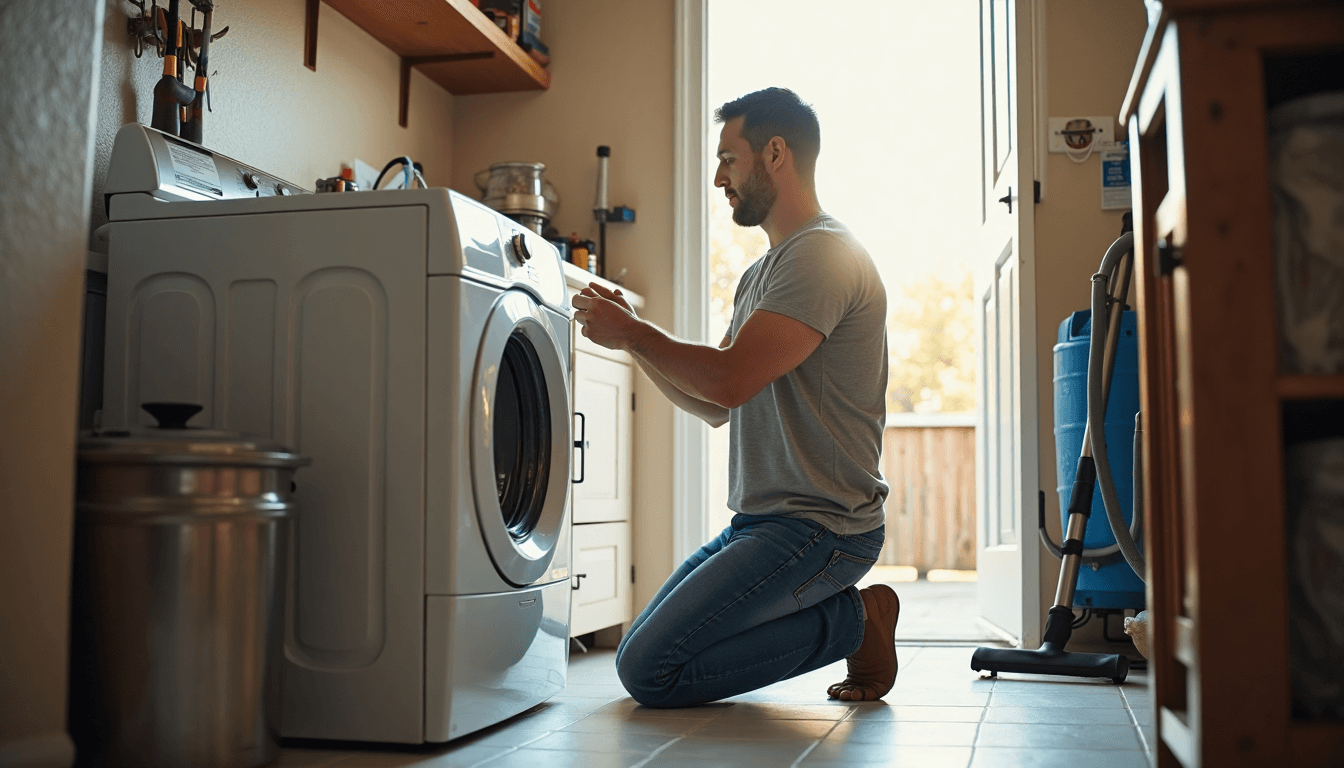 Homeowner cleans vent behind modern dryer