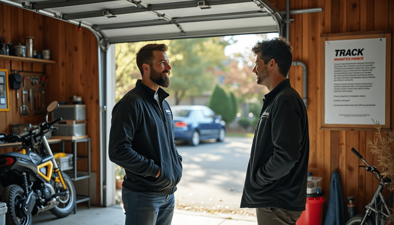 Technician and homeowner discuss garage track in sunlit Seattle garage