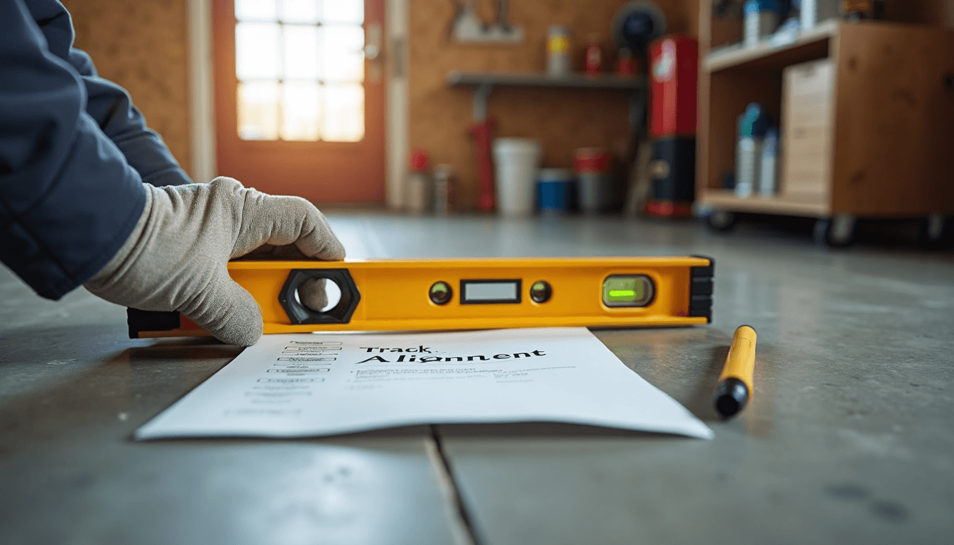 Gloved hand checks garage door track alignment with clipboard nearby