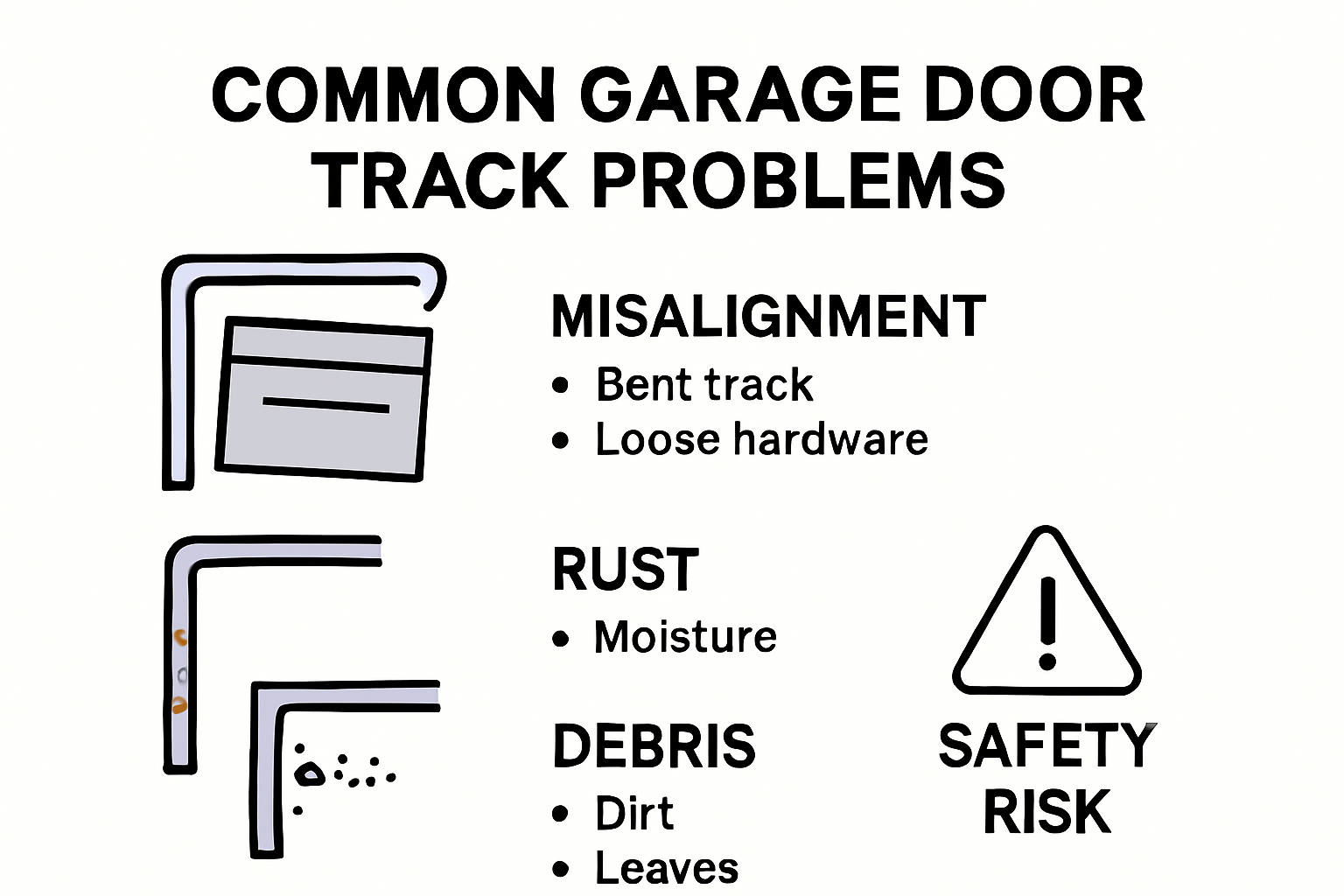 Infographic of garage door track problems and warning signs