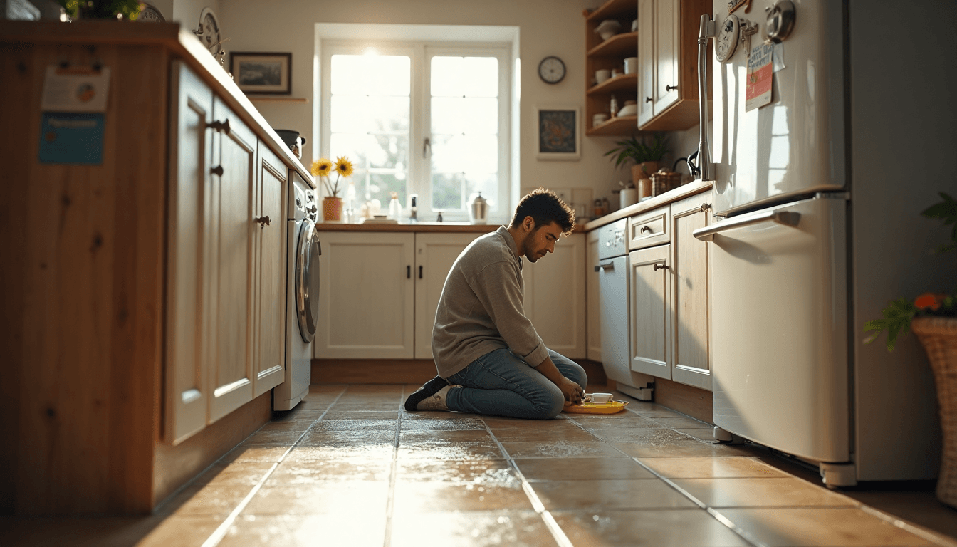 Homeowner checks leak under kitchen sink with safety banner on fridge