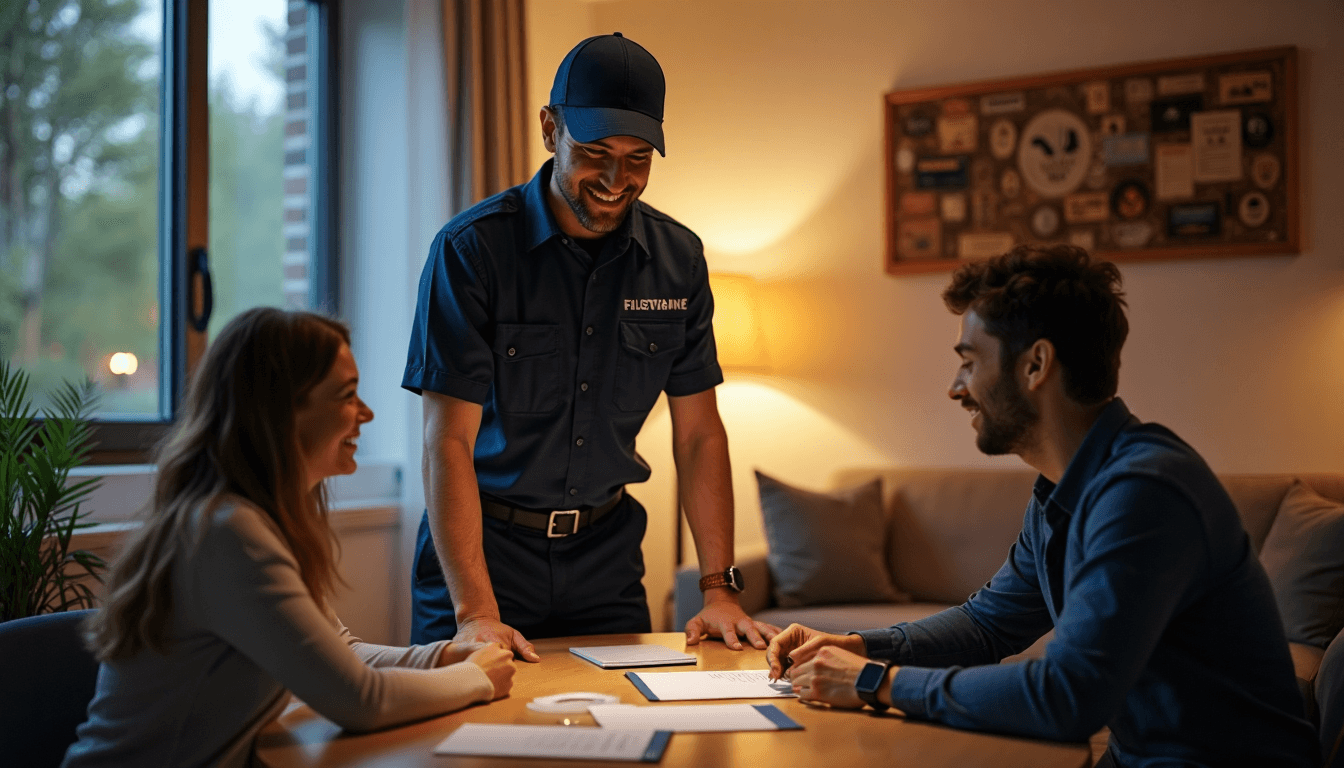 Plumber shows emergency credentials to couple at table