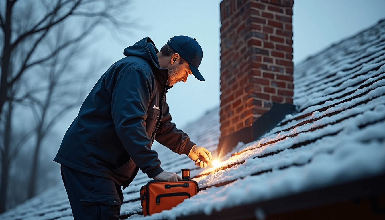 Chimney inspector examines flue with inspection sticker on toolkit.