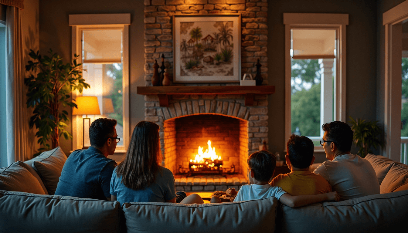Family relaxing by fireplace with chimney cleaning poster on wall.