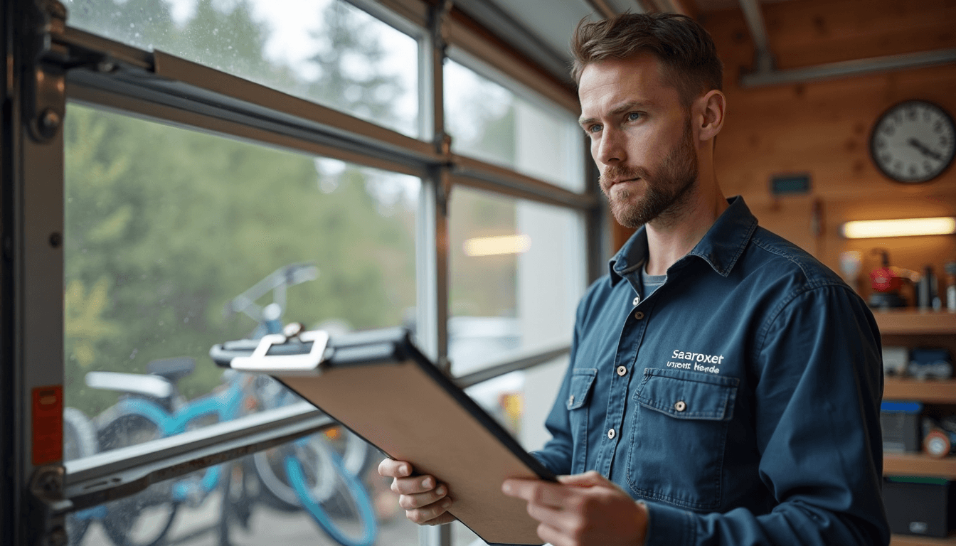 Seattle technician inspects garage door damage with labeled clipboard