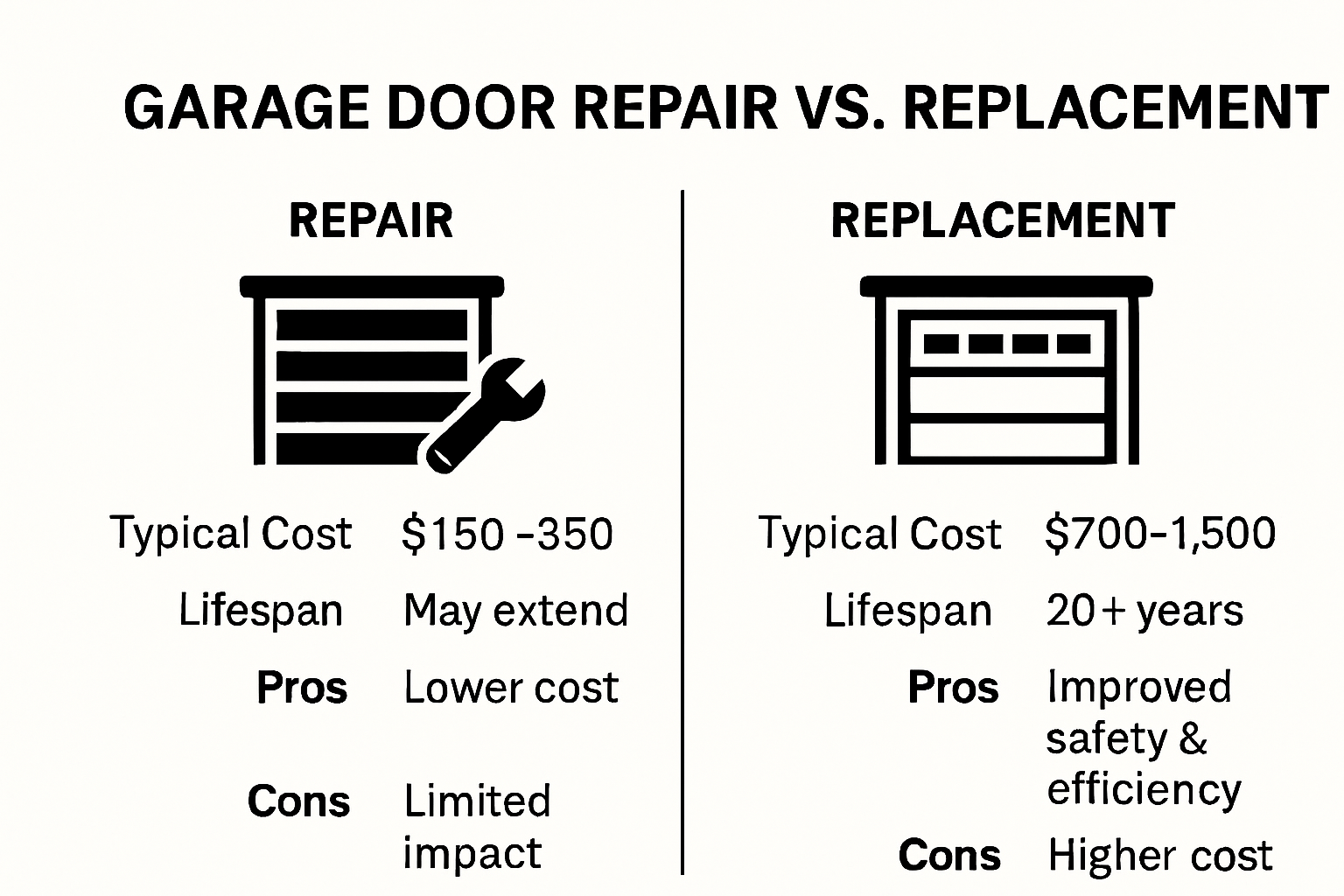 Comparison of garage door repair vs replacement.