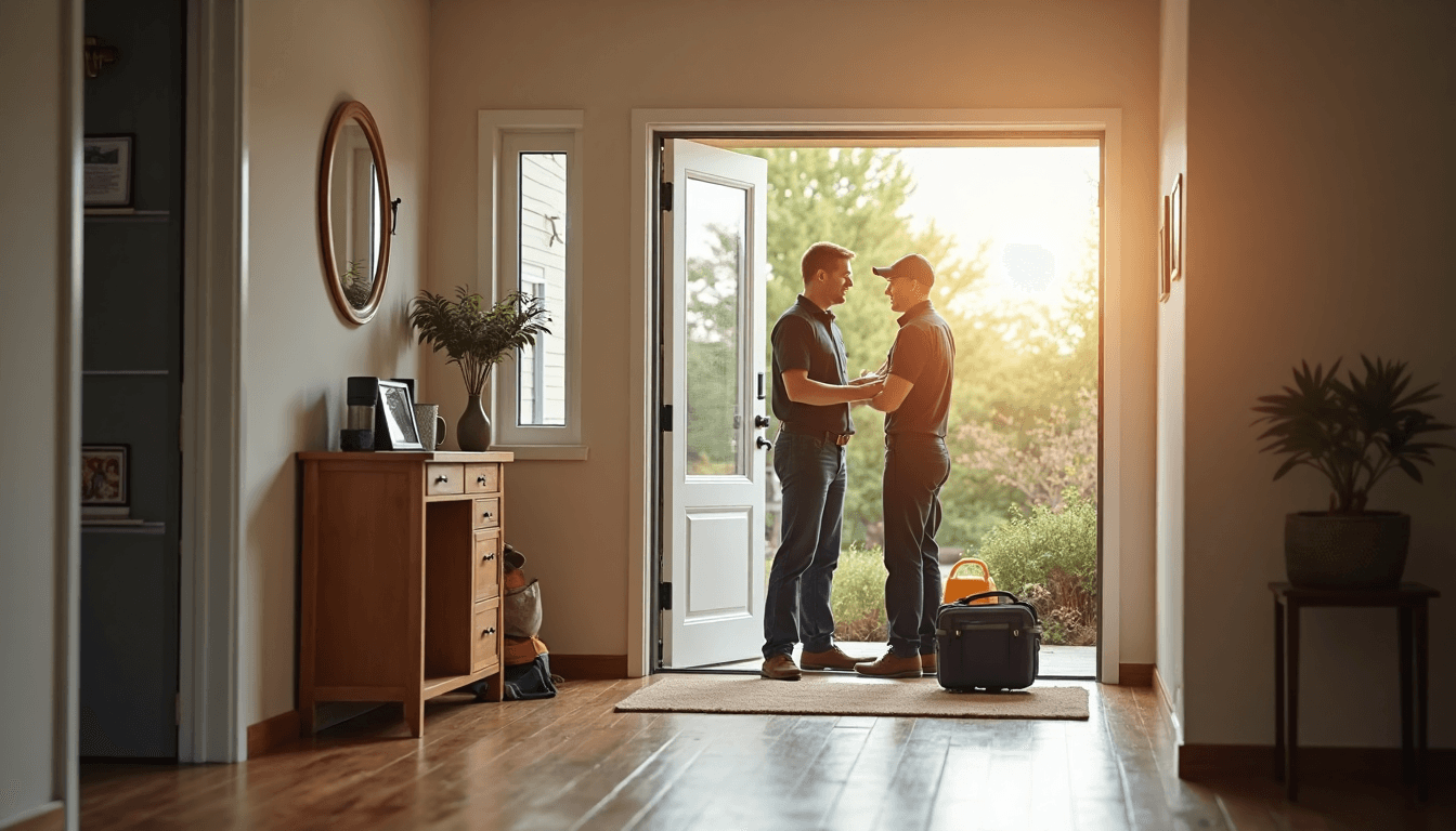 Homeowner and plumber discuss indoor water damage beneath stained ceiling