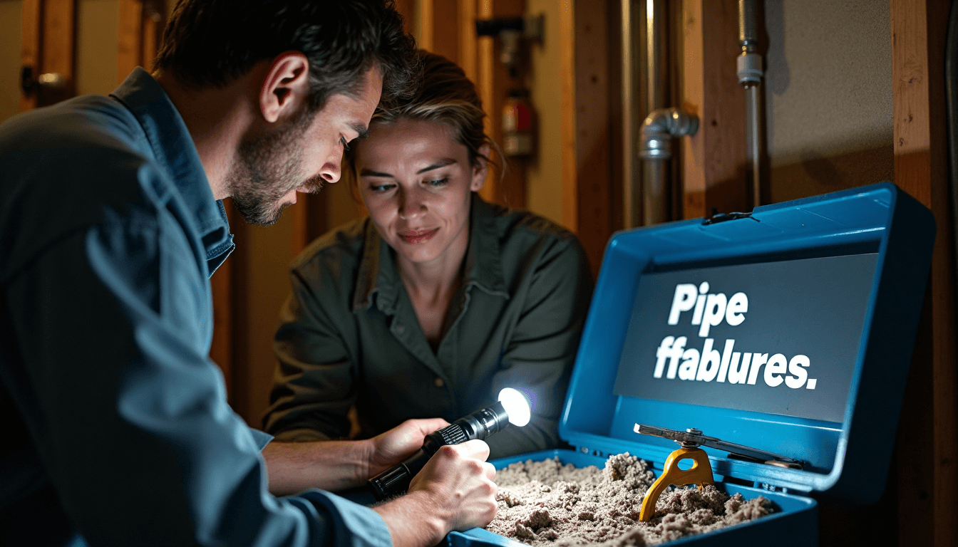 Plumber and homeowner check corroded pipes in utility closet