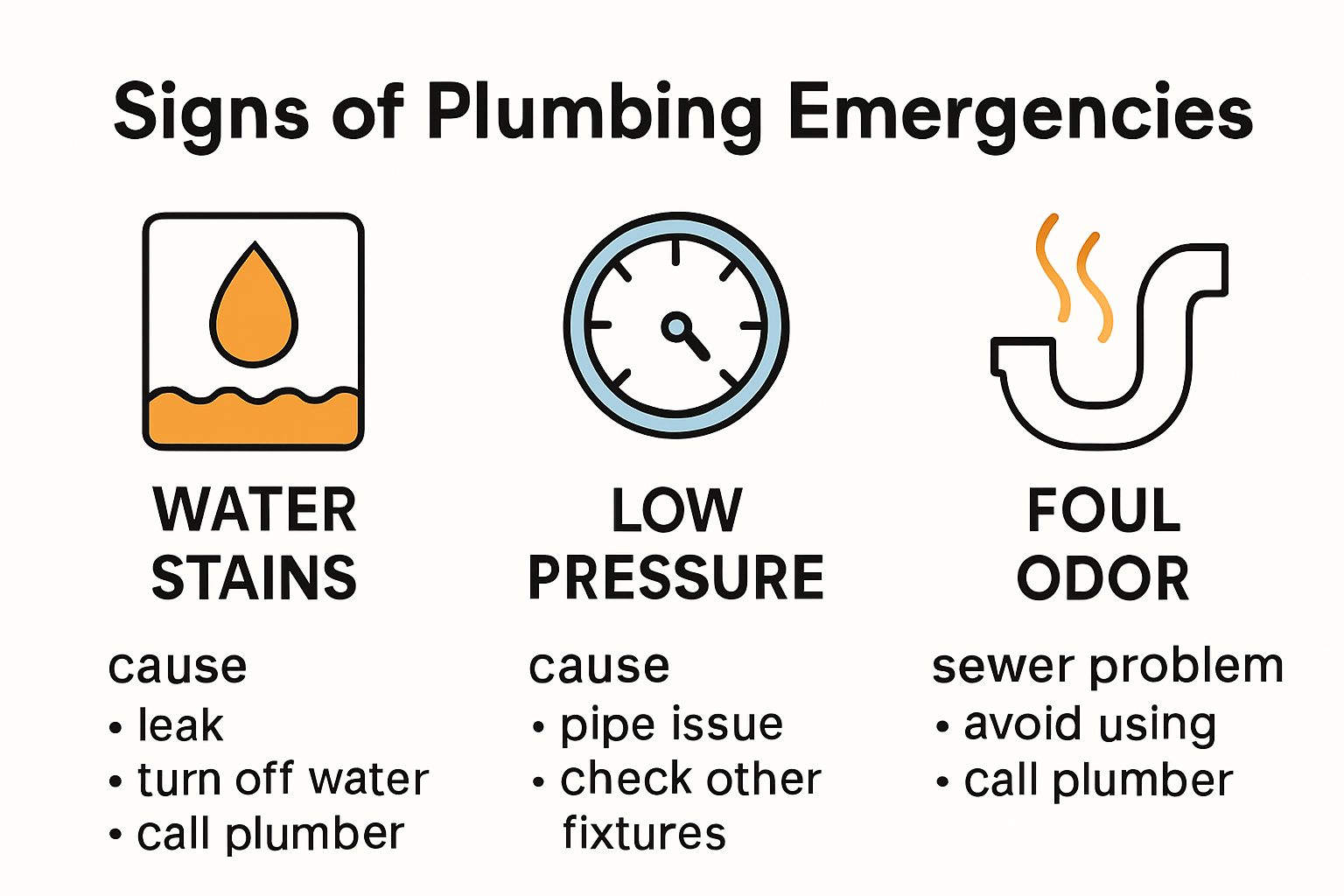 Infographic showing signs of plumbing emergencies and homeowner actions