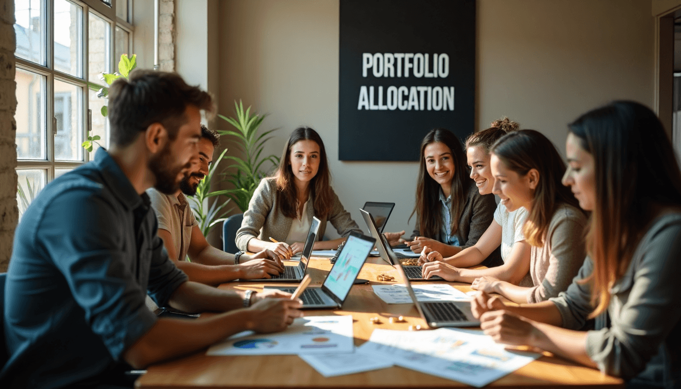 Traders review gold allocation with portfolio text on poster