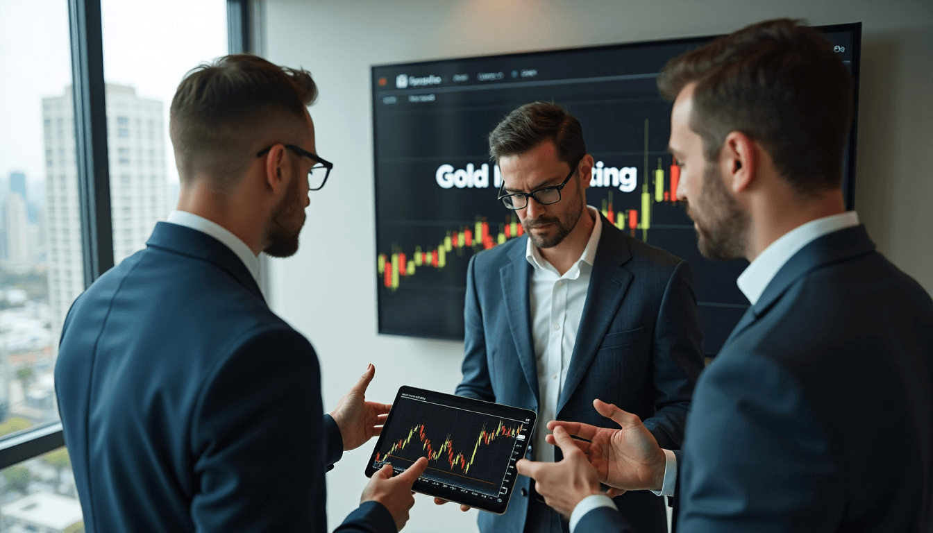Professionals discuss gold investing with text on office screen