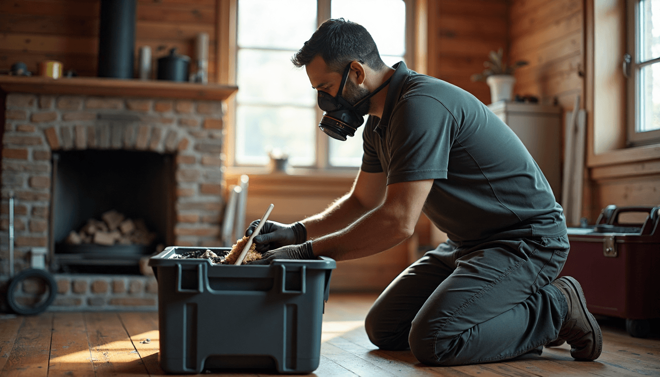 Chimney sweep using brush and tools during fireplace cleaning