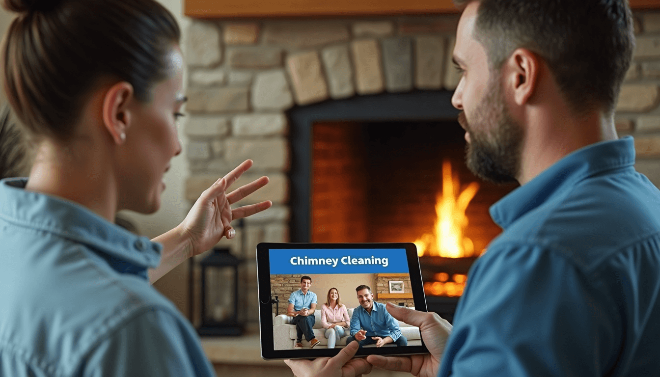 Texas homeowner and family discussing chimney cleaning with technician