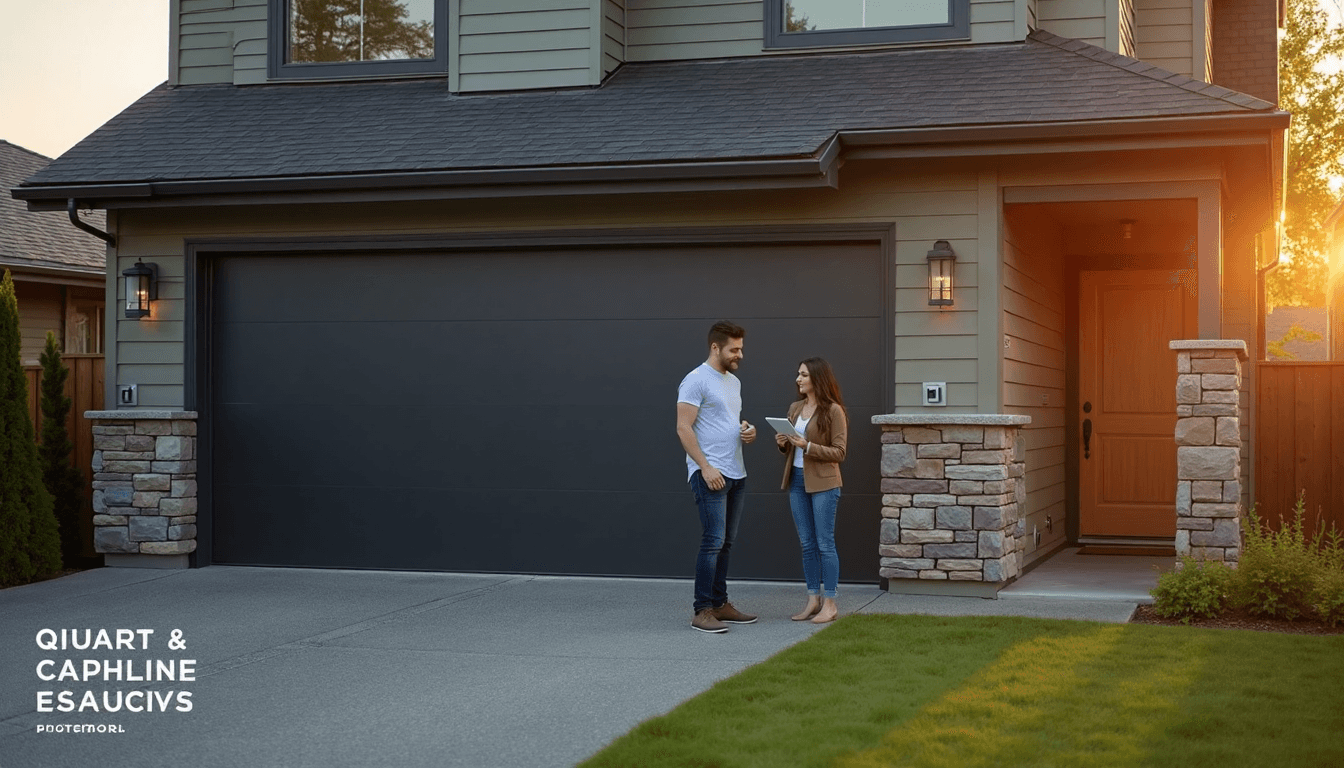 Modern Seattle home with matte black garage door at sunset