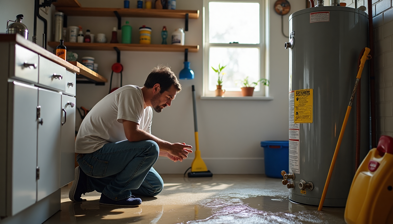 Homeowner inspects leaking water heater with visible water damage