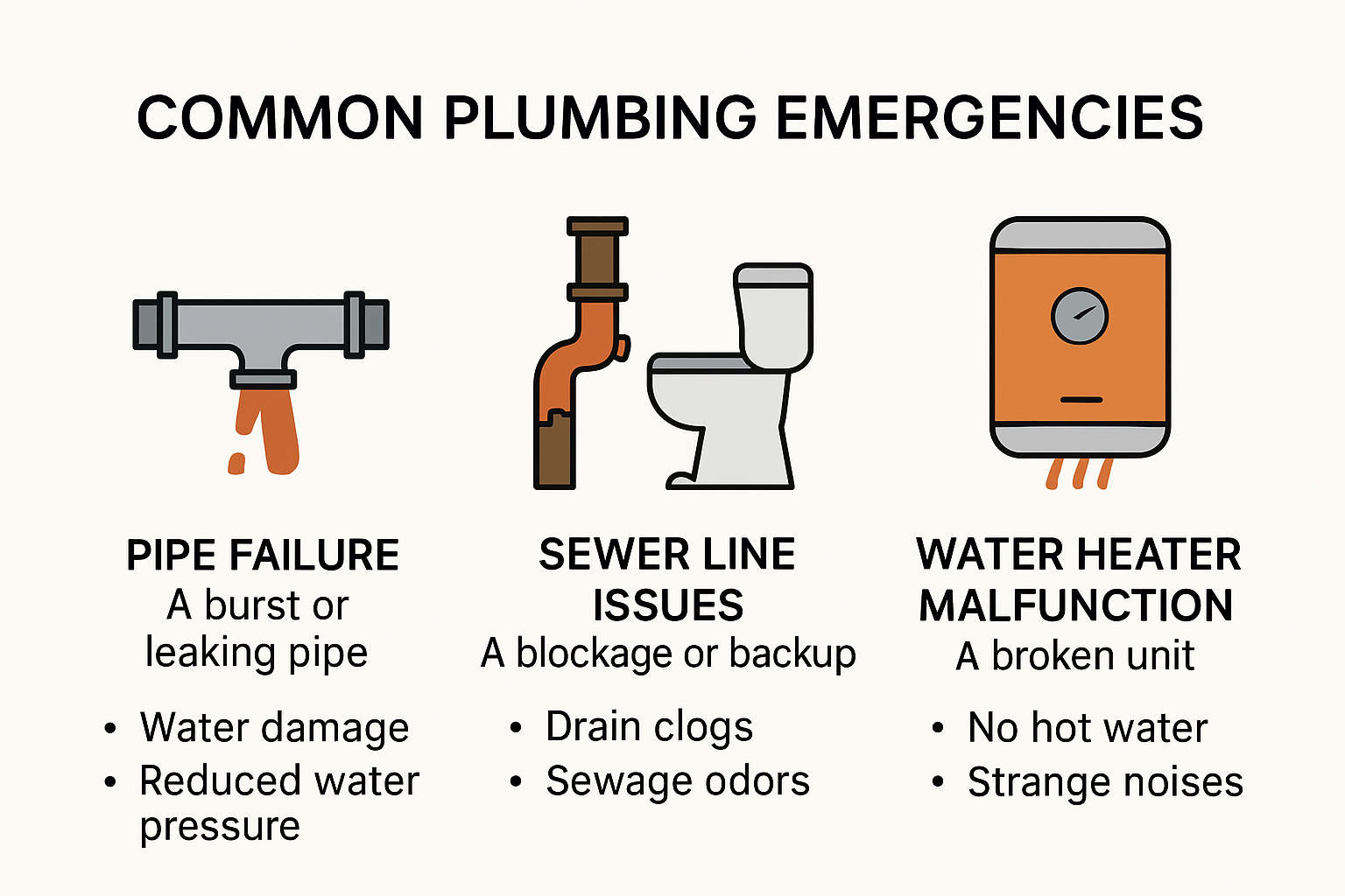 Infographic showing top common plumbing emergencies with icons and brief explanations