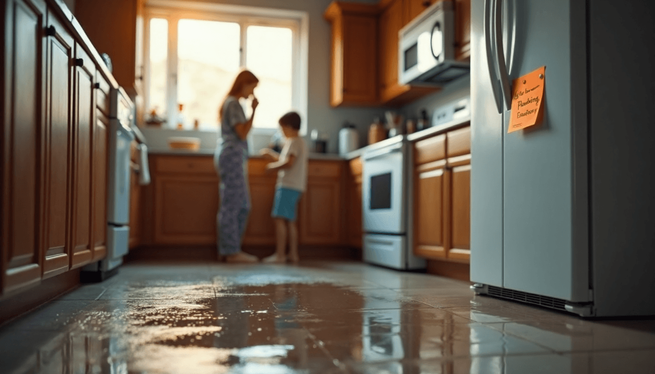 Worried homeowner calling plumber as water leaks in kitchen