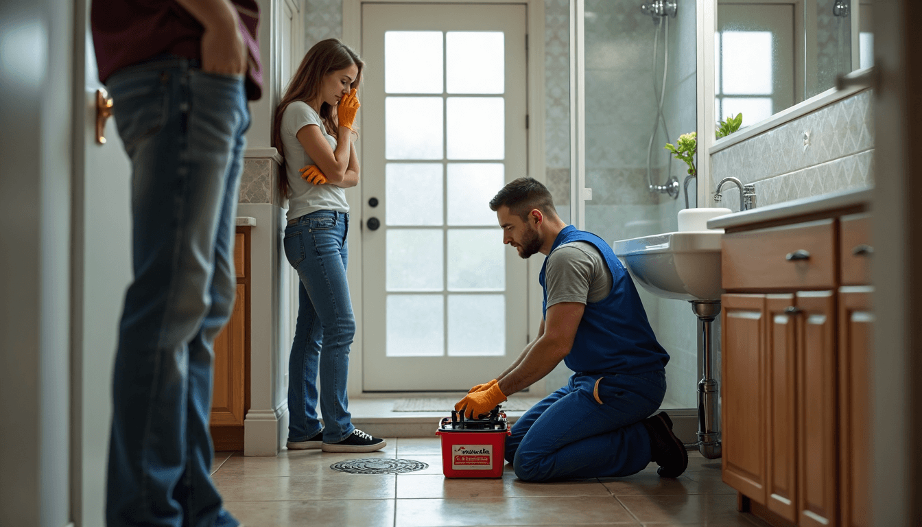 Plumber fixing a blocked shower as homeowner reacts to sewage smell
