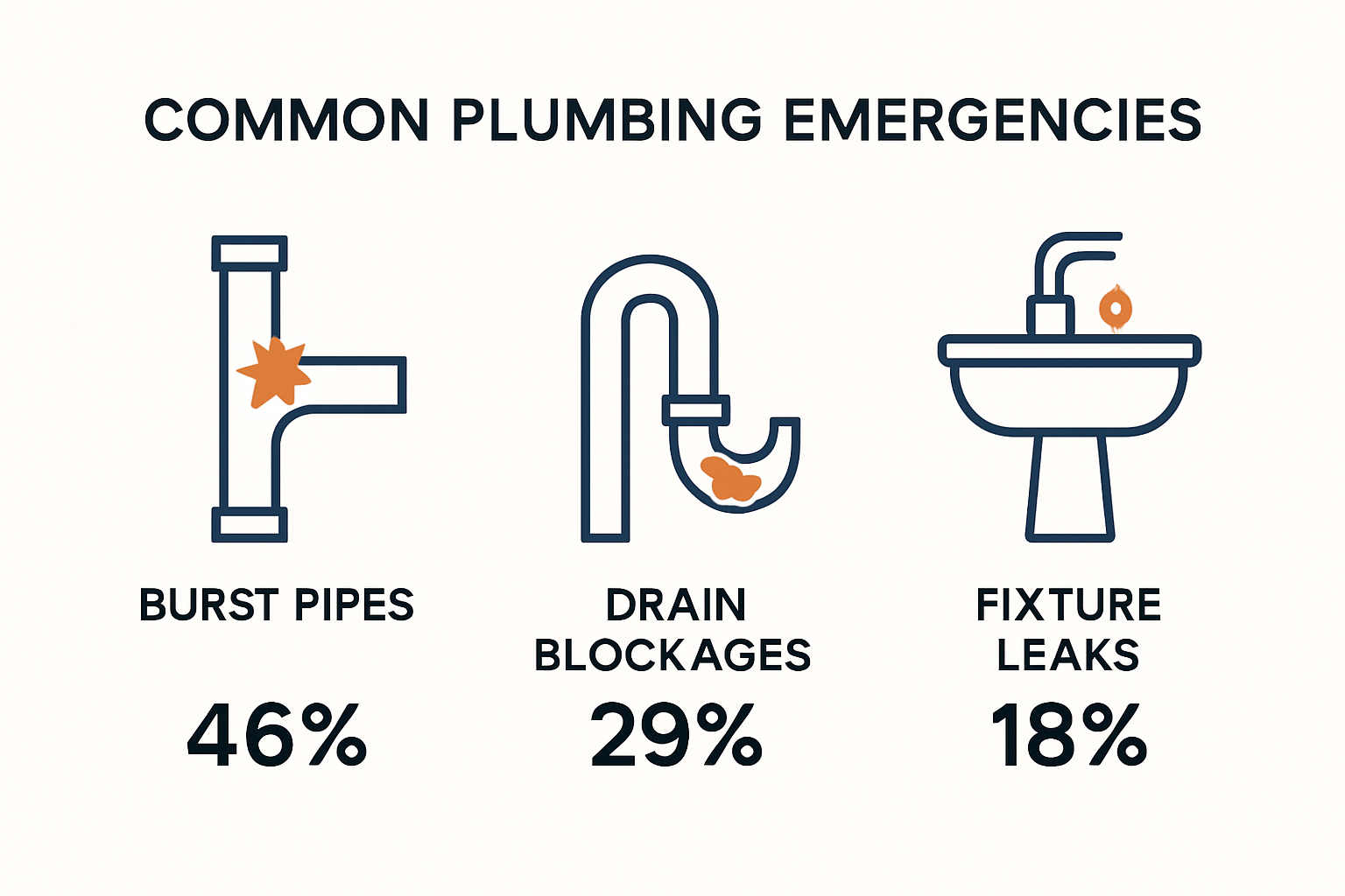 Common plumbing emergencies infographic with icons and statistics