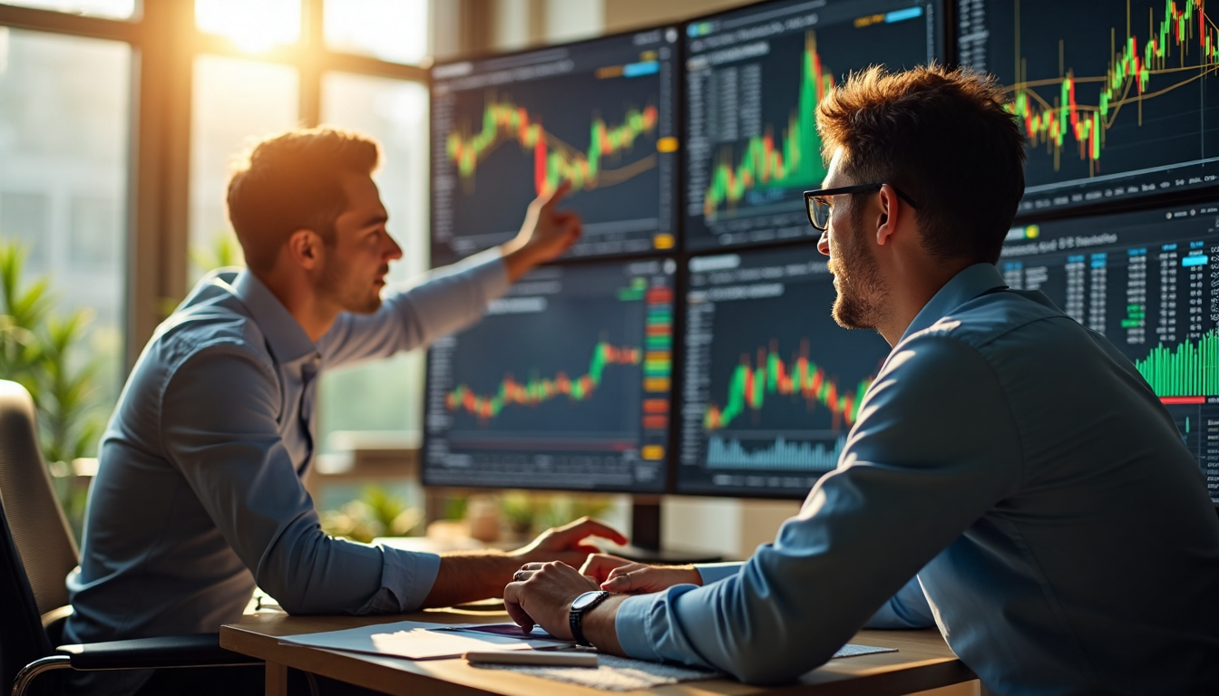 Traders analyzing gold forex price charts in bright office with Gold Forex on screen