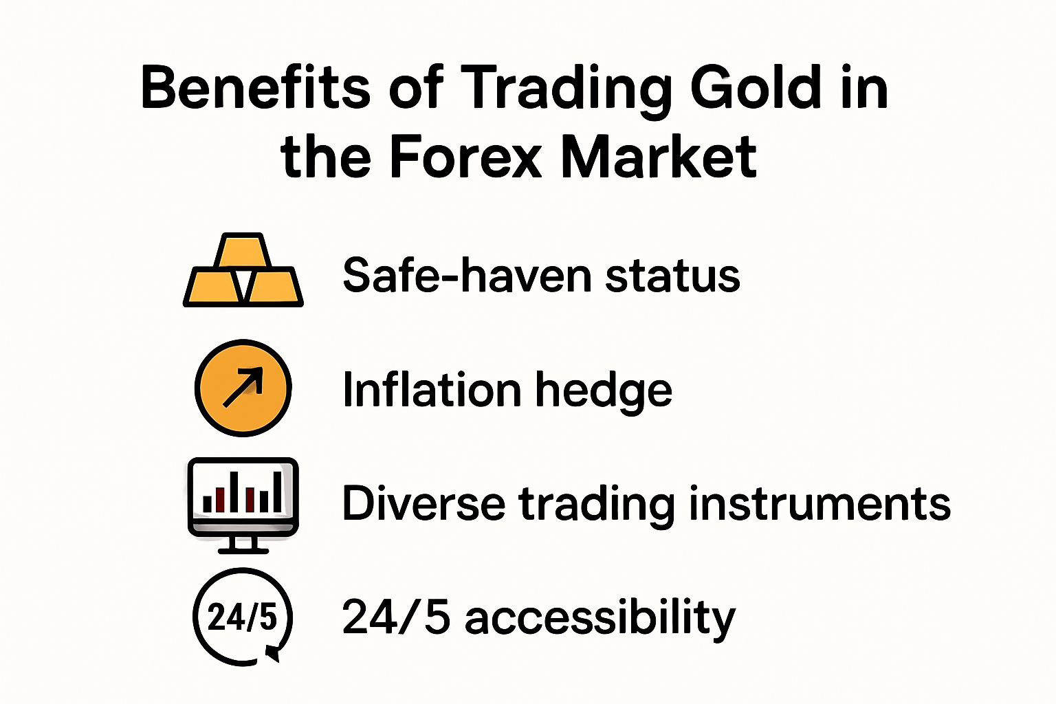 Infographic showing why trade gold forex: safe-haven, inflation hedge, more.