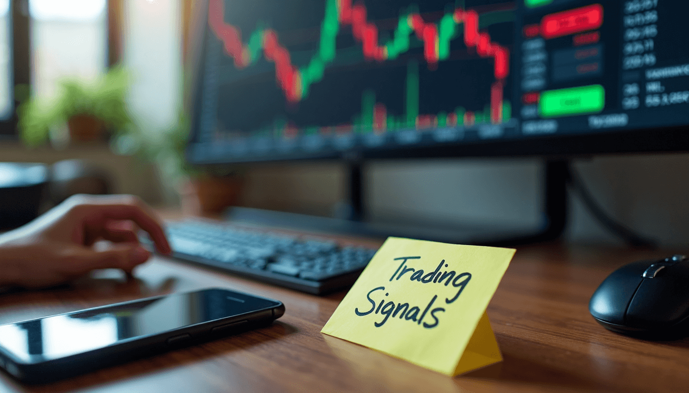 Trader desk with gold forex signal dashboard and 'Trading Signals' note