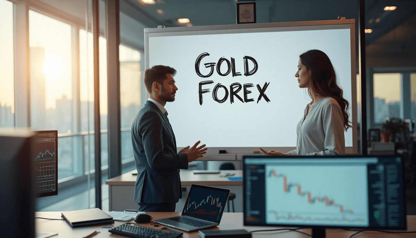 Forex traders analyzing gold prices with 'Gold Forex' handwritten on whiteboard