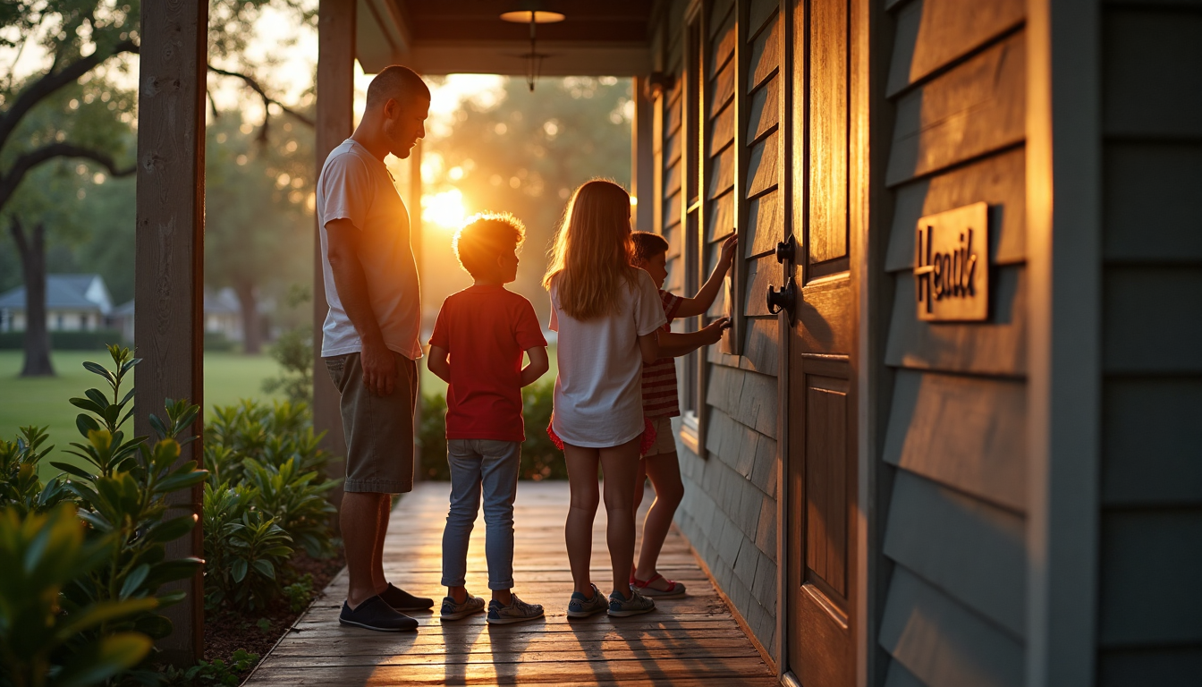 Texas family on porch inspecting air vent with 'Duct Health' sign