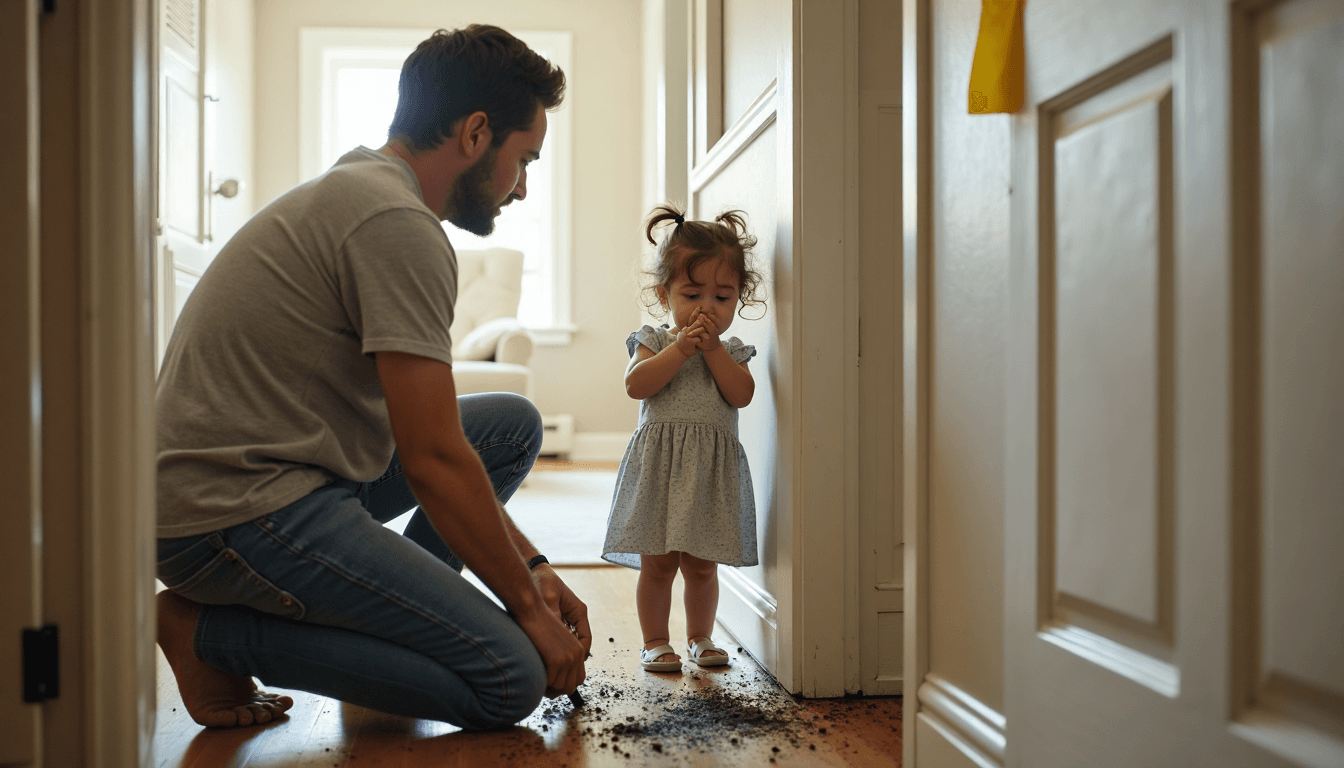 Homeowner inspecting dirty vent, child nearby covering nose, immediate cleaning reminder