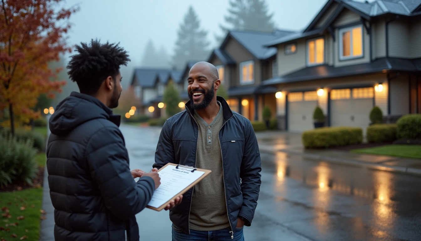 Seattle homeowners with contractor outside modern garage door in rainy neighborhood