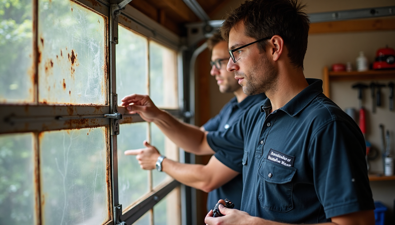 Homeowner and technician examine rust and dents on garage door