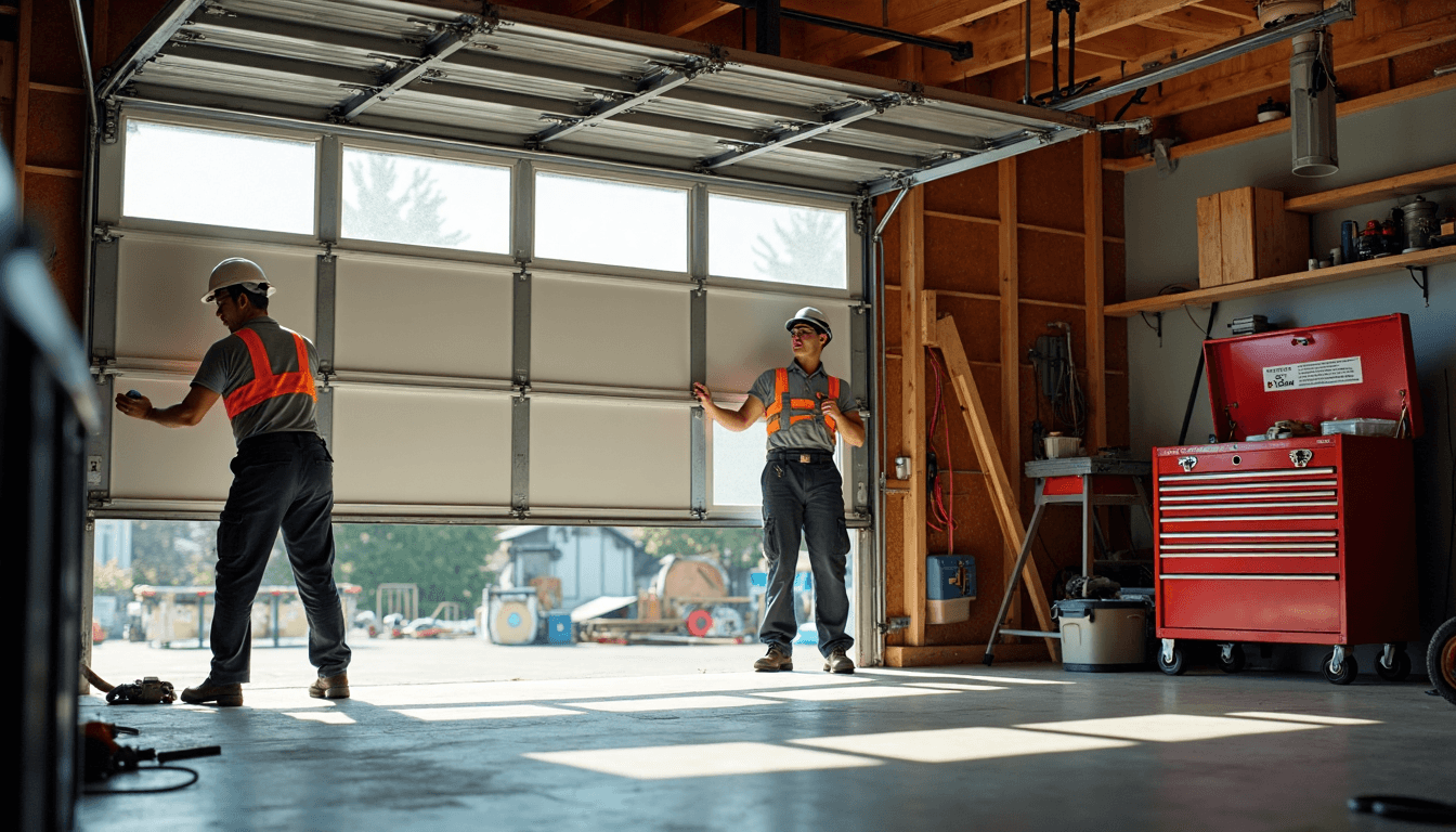 Technicians installing new garage door with tools and safety gear