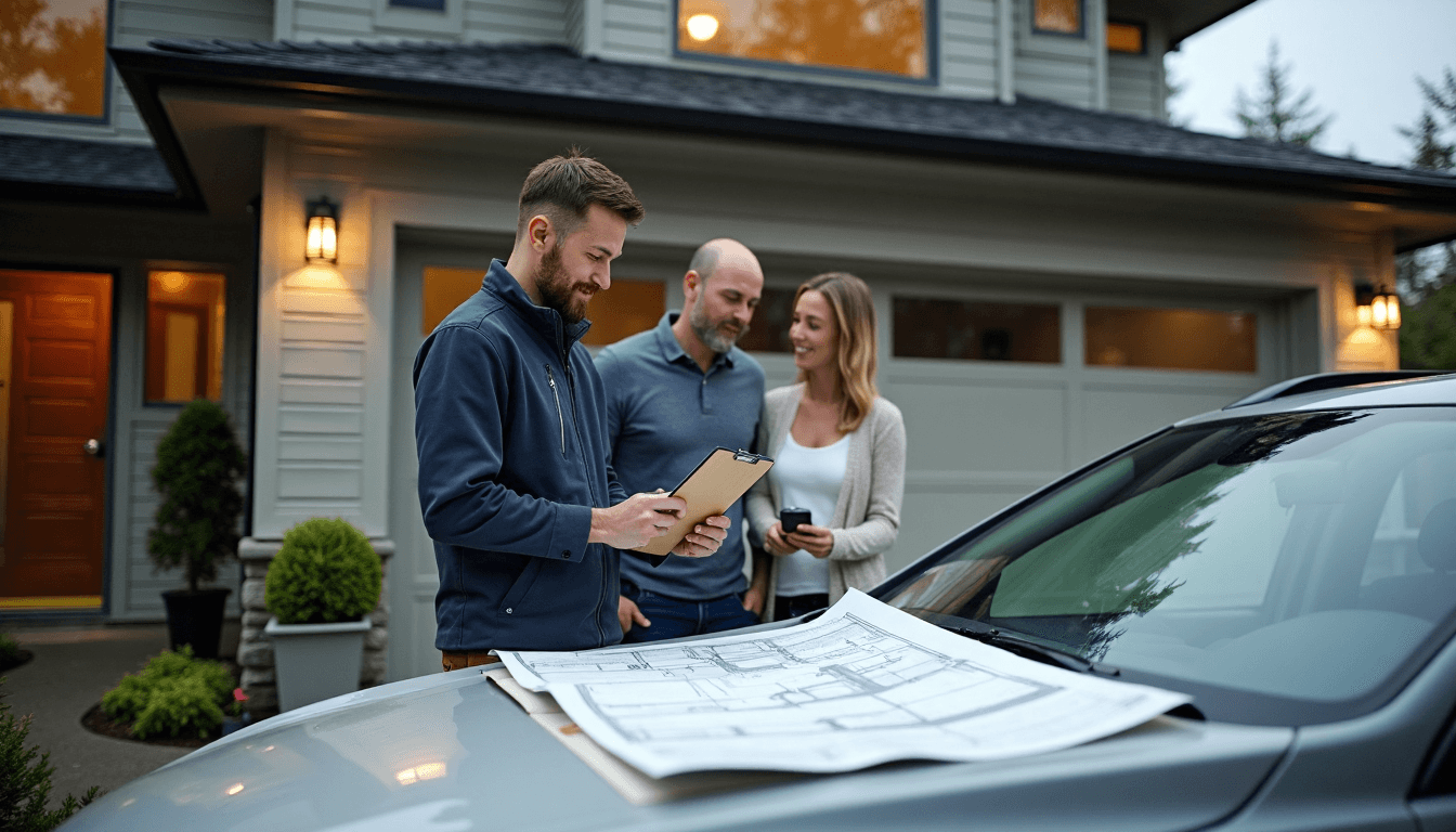 Technician and homeowners assessing Seattle garage door for replacement