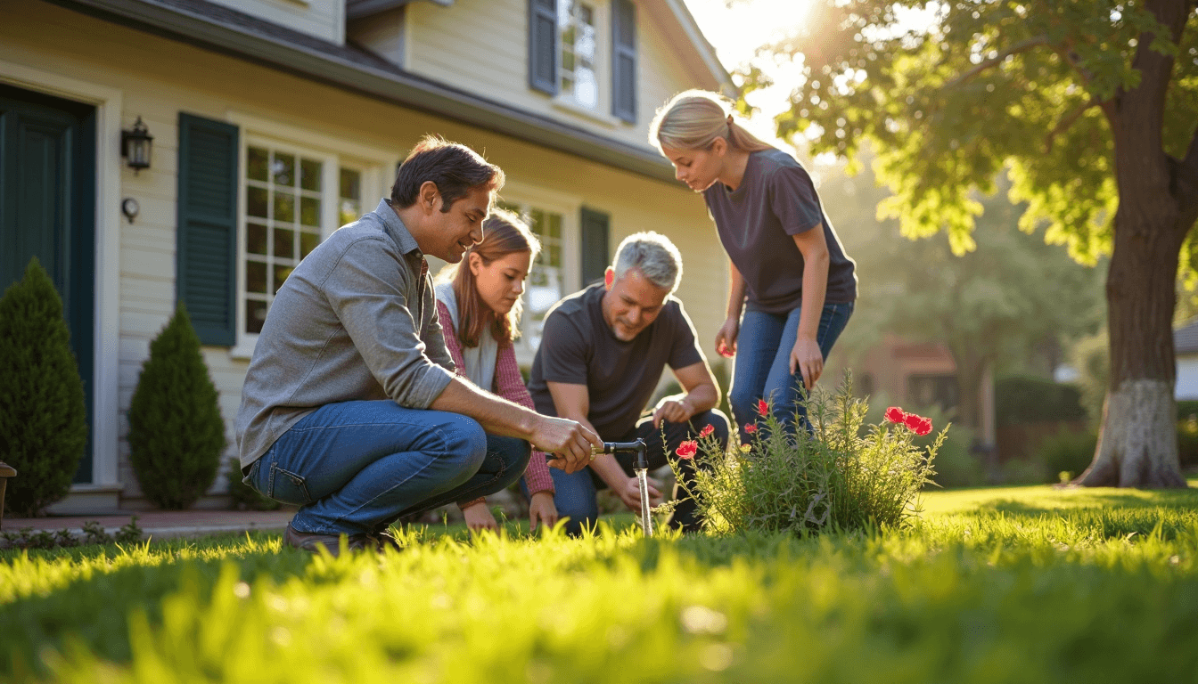 Sacramento family inspecting outdoor plumbing near garden