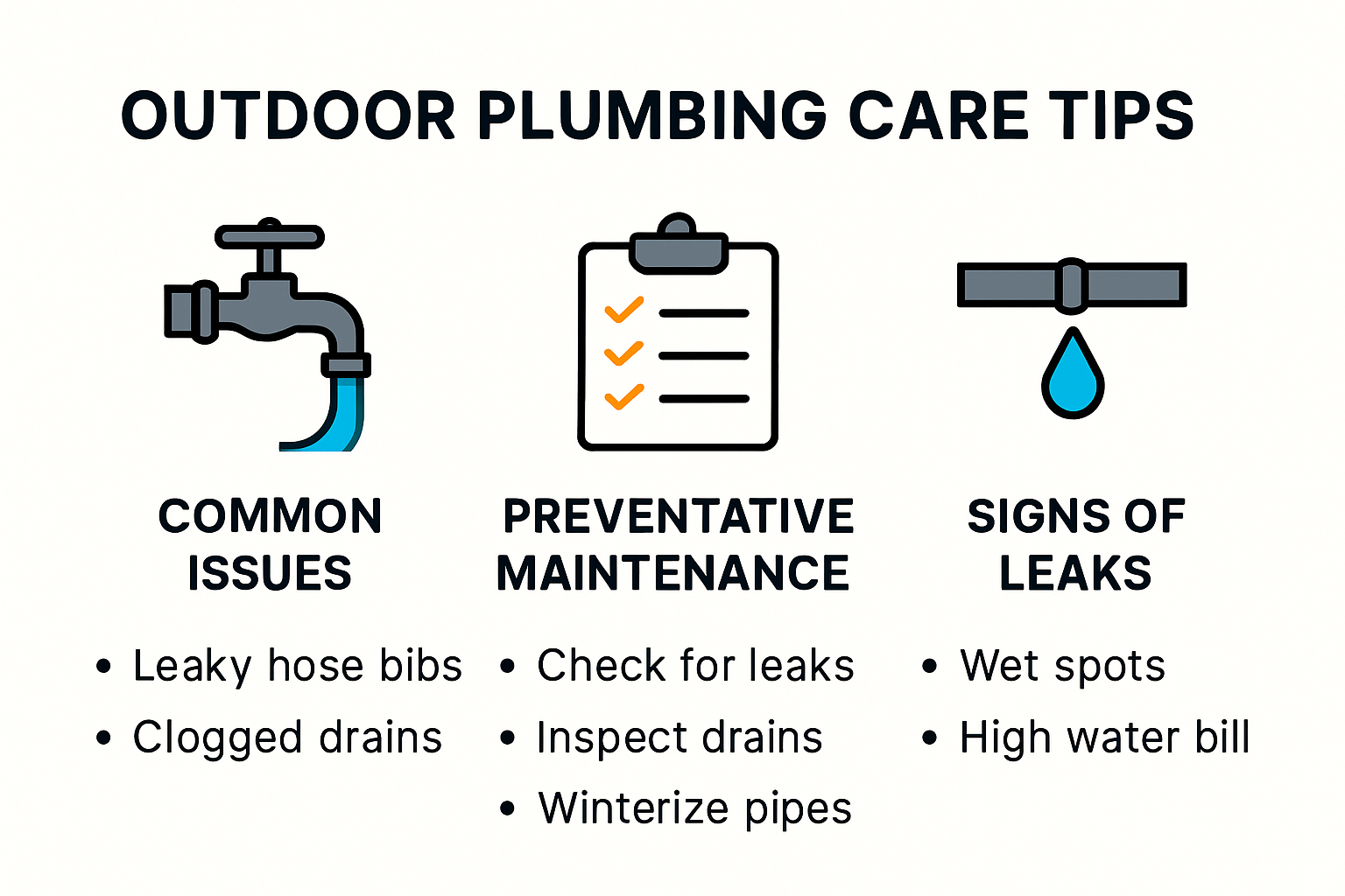 Outdoor plumbing care tips and common issues infographic