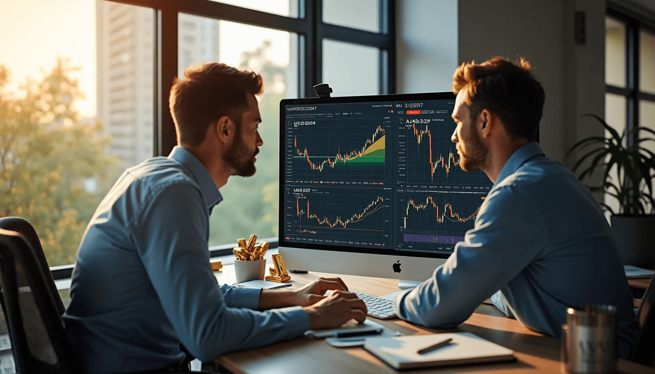 Two traders analyzing gold charts with technical indicators in modern office