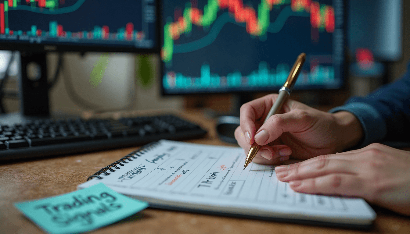 Trading desk showing gold indicator chart and handwritten strategies