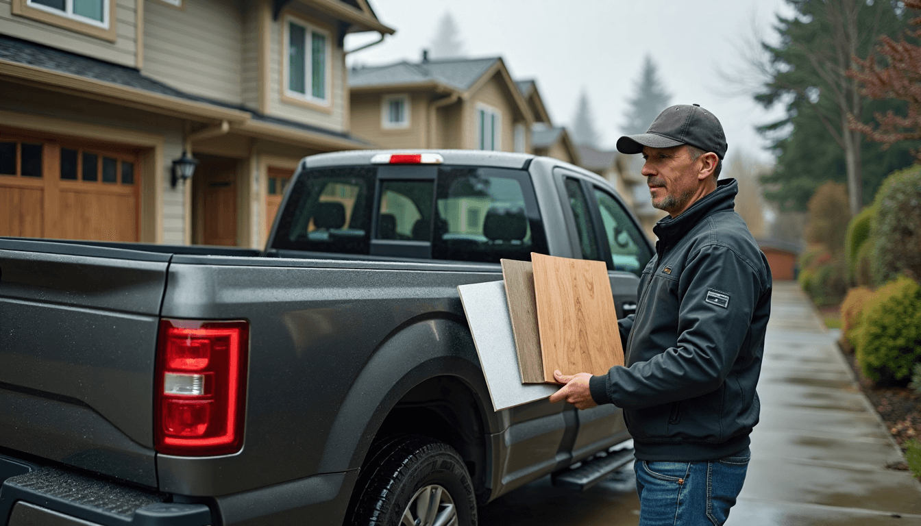 Installer compares steel, aluminum, wood garage door panels outside Seattle house