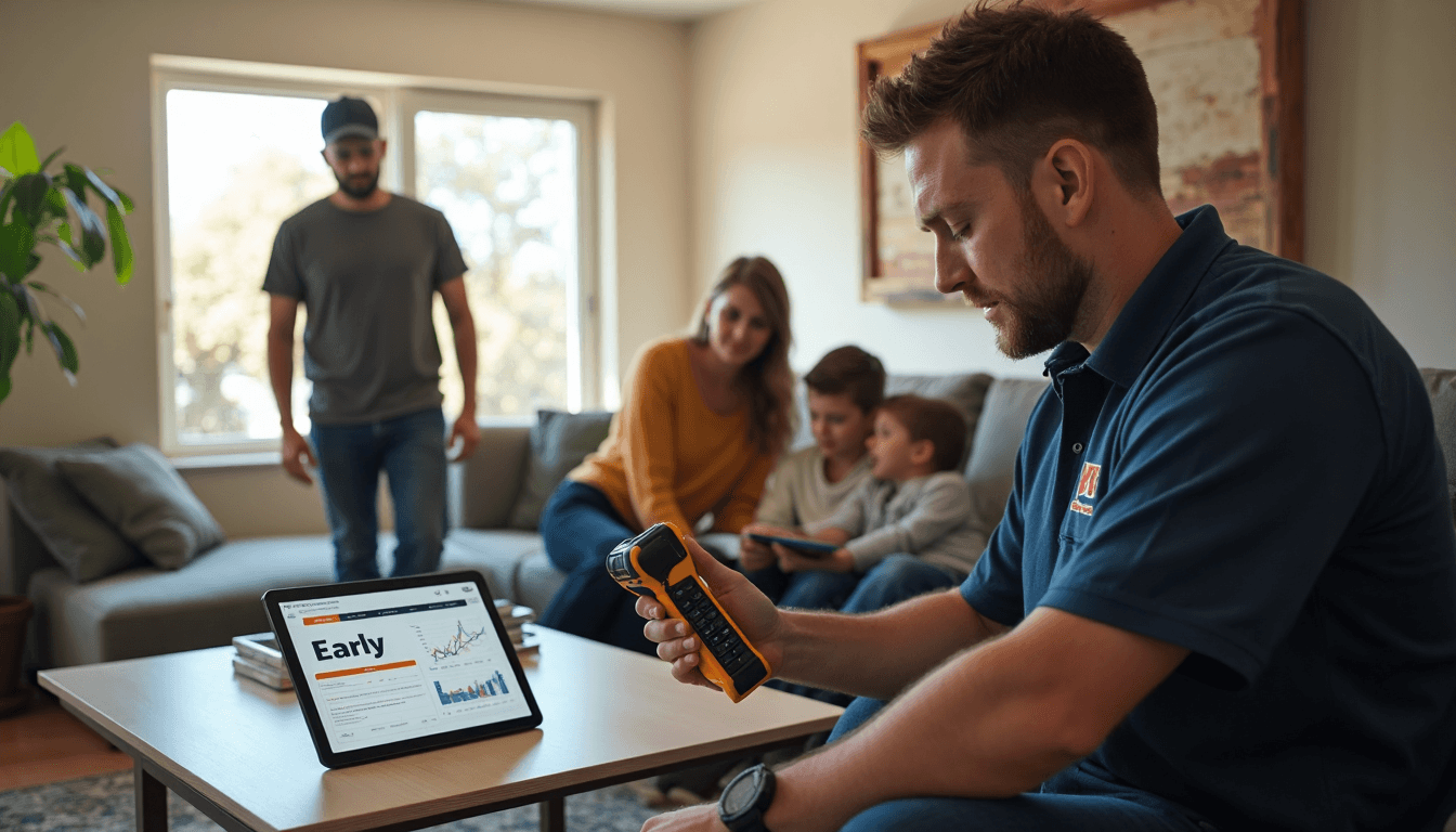 Plumber uses acoustic detector while 'Early Warning' appears on tablet