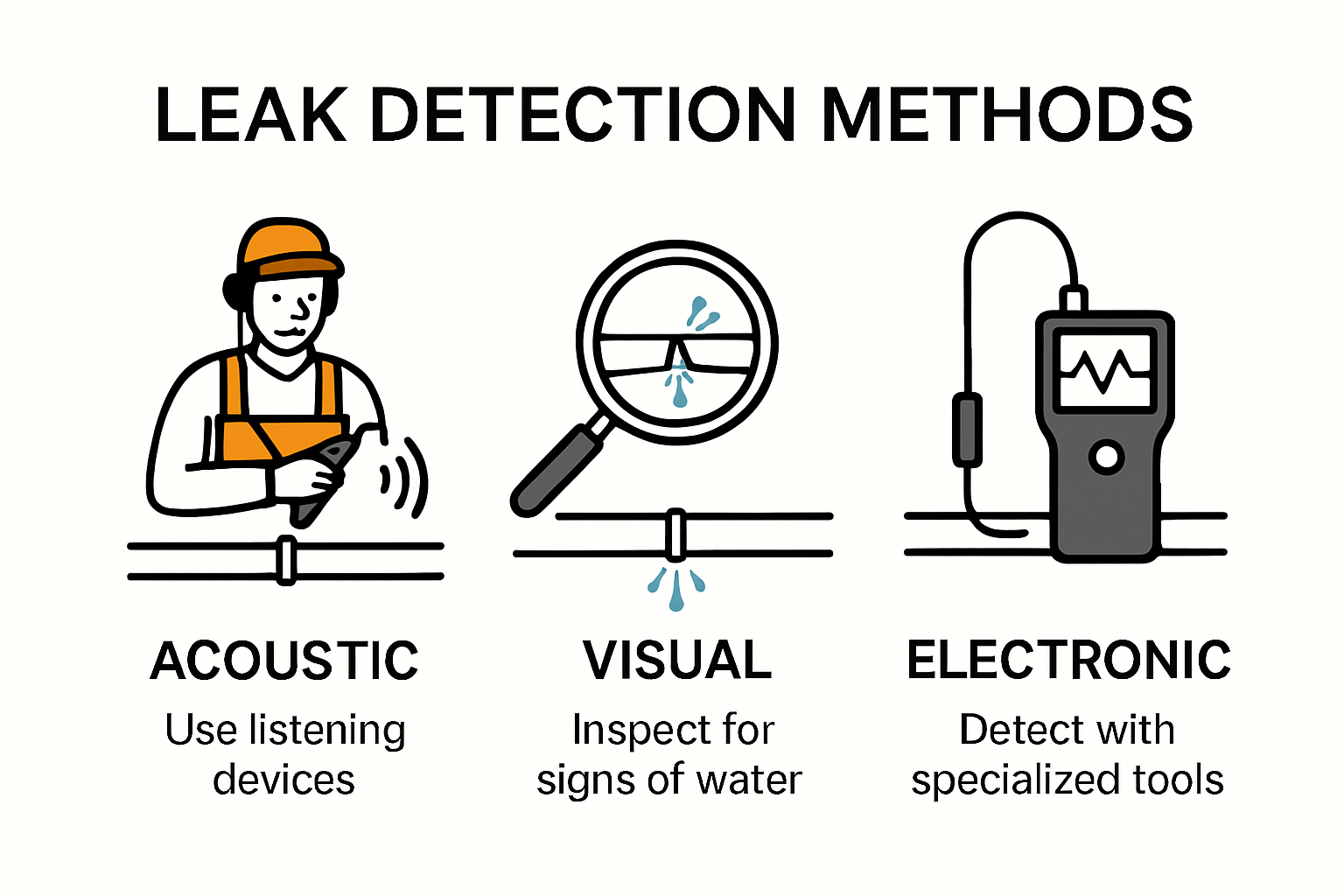 Infographic illustrating main leak detection methods by plumbers