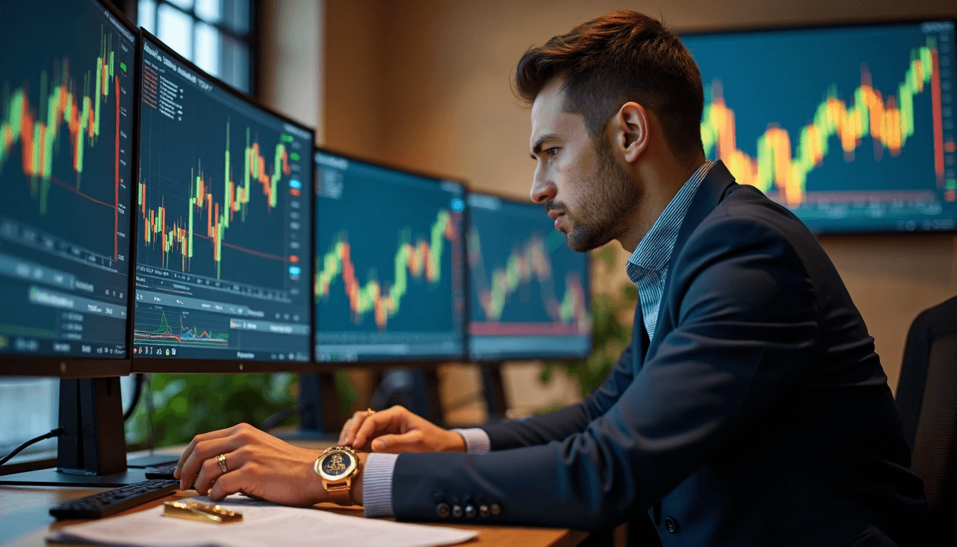 Trader at desk analyzing gold price charts and market trends