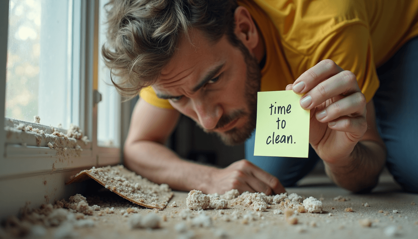 Homeowner inspecting dusty air vent with cleaning reminder