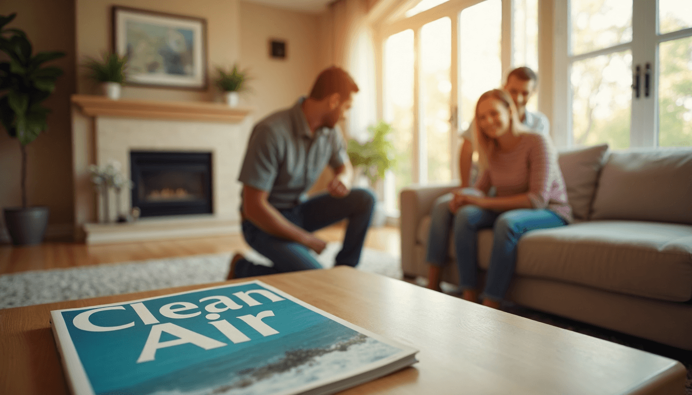Texas family in living room with HVAC technician and clean air vent