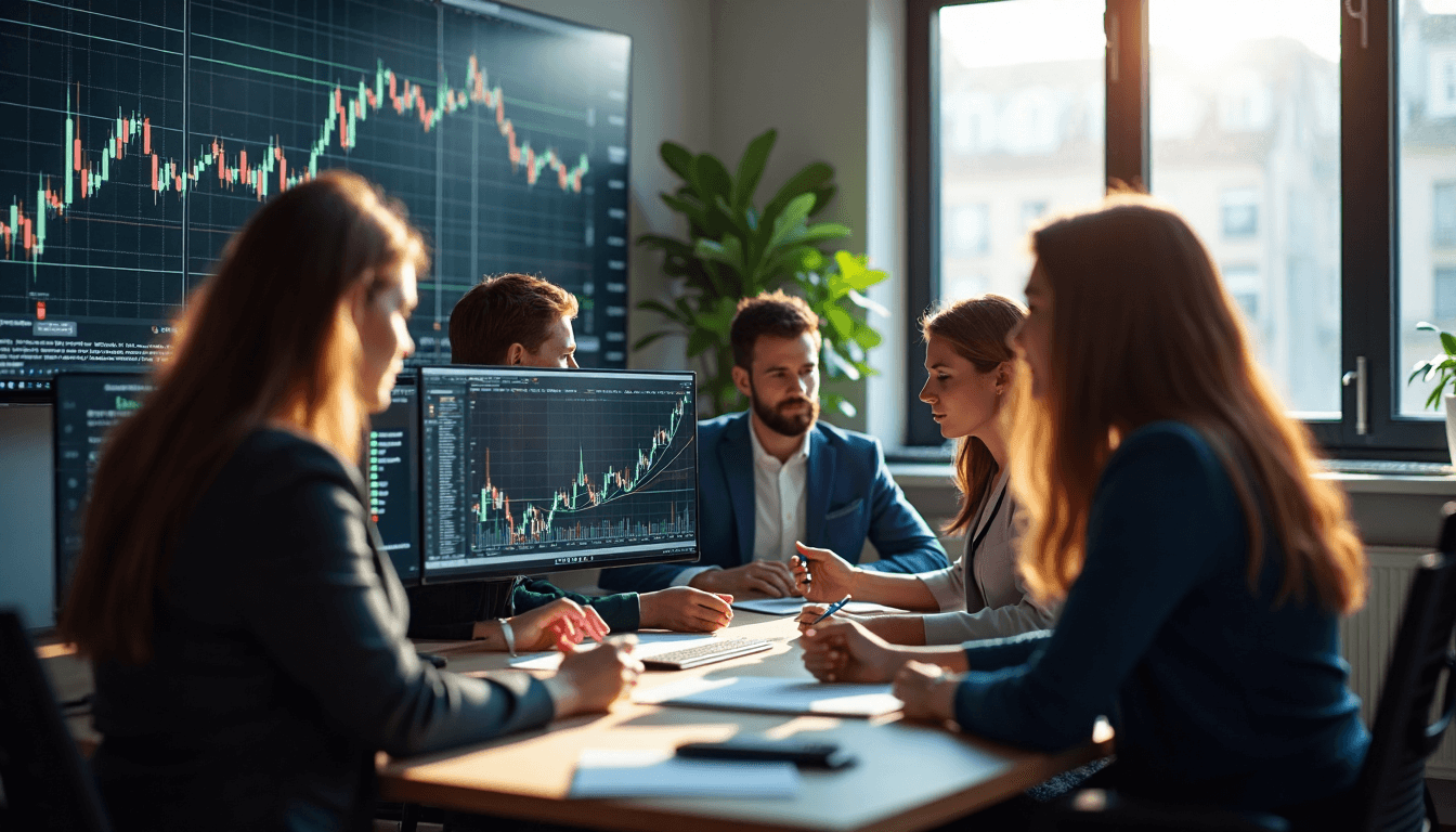 Financial trading team analyzes gold price charts in a modern office