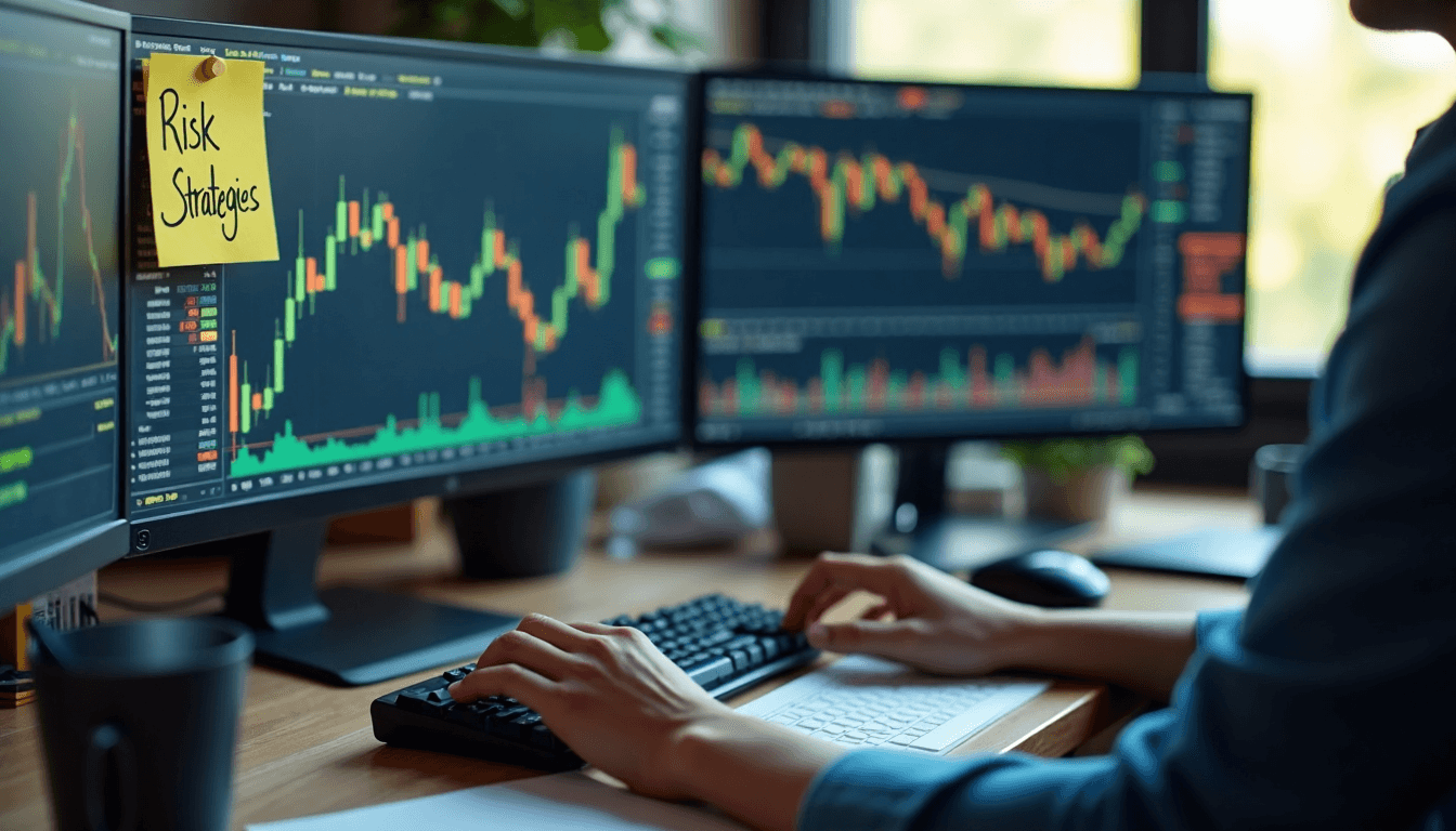 Forex trader's desk with gold price charts and risk strategy note