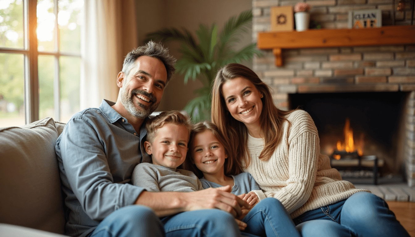 Texas family in bright living room with clean fireplace and 'Clean Air' sign on mantel