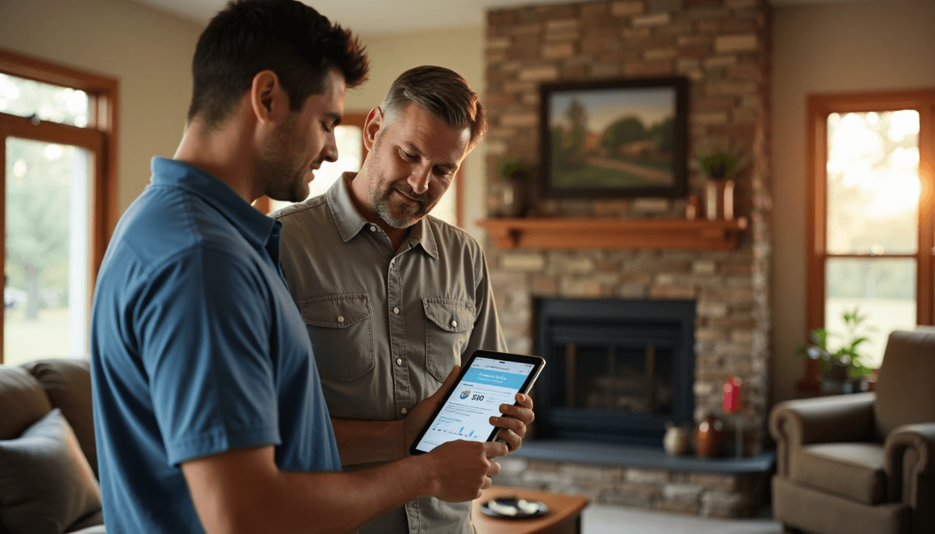 Technician shows homeowner air quality data highlighting health risks near fireplace